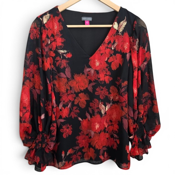 Vince Camuto Tops - Vince Camuto Top Womens Medium Red Black Floral Print V Neck Blouse Lined Casual